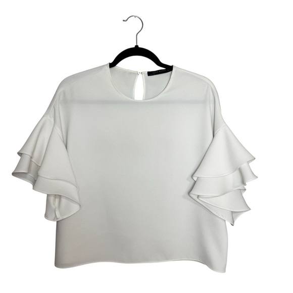 Zara Woman Elegant White Ruffle Short Sleeve Flowy Blouse, Size Small - Picture 2 of 11